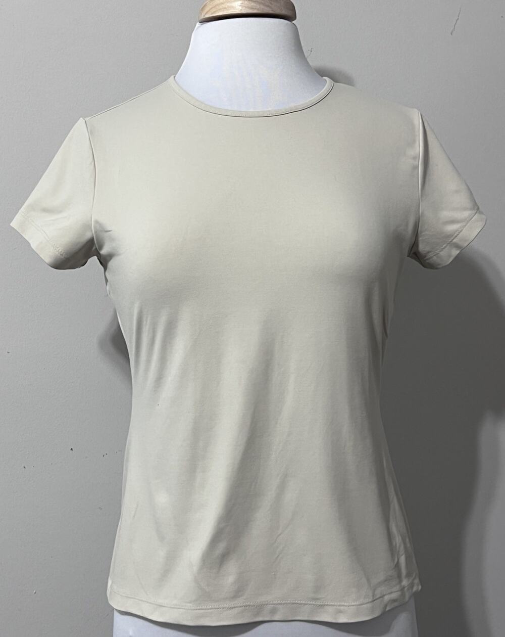 Apostrophe Stretch Vintage Y2K Womens M Beige Short Sleeve Top Fitted Tee Nylon